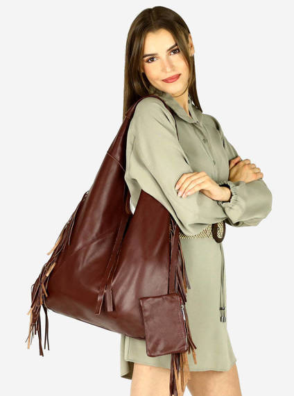 Skórzana torba damska z frędzlami shopper brązowy - MARCO MAZZINI s281b